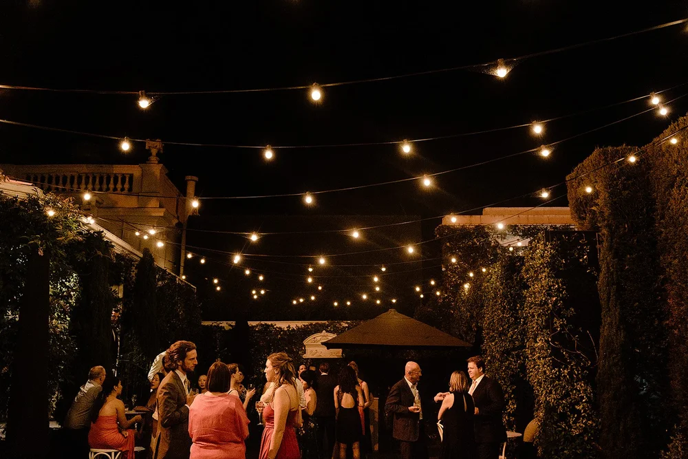 The courtyard at St. Stephen’s Uraidla under festoon lighting at night